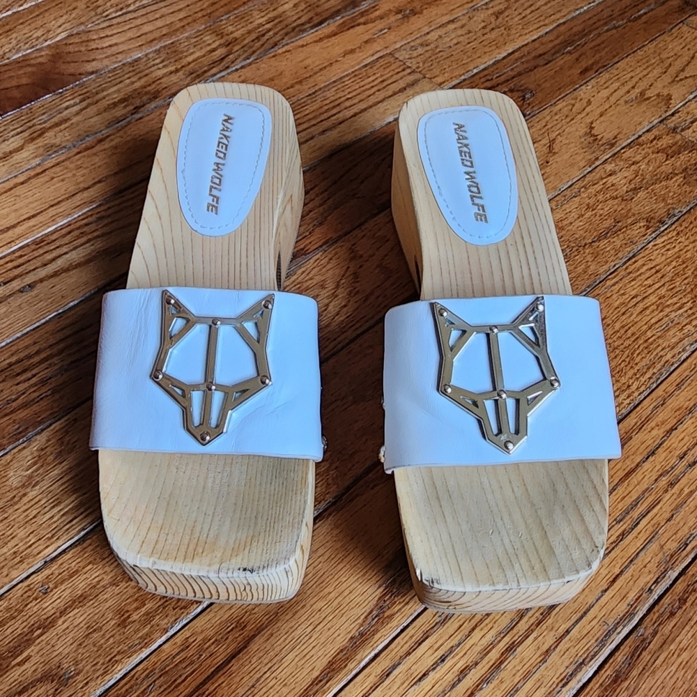Naked Wolfe White Slide Sandals with Silver Accent